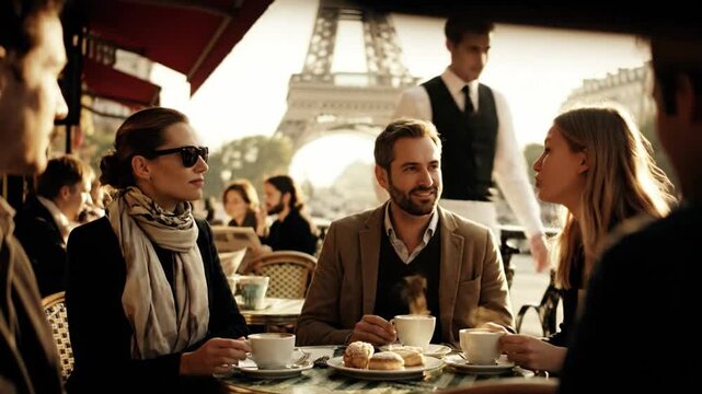 Group of Friends Enjoying Coffee in Paris.