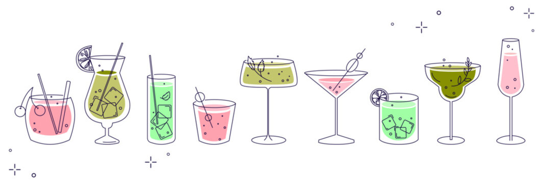 Cocktails drinks set in minimal line art style with various glasses beverages and garnishes modern hand drawn collection for bar menus restaurant design social media summer promotions .Vector graphics
