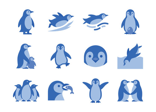 Collection of charming blue penguin illustrations in various poses and activities