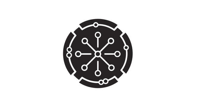 Abstract digital circuit design with connected nodes and lines.