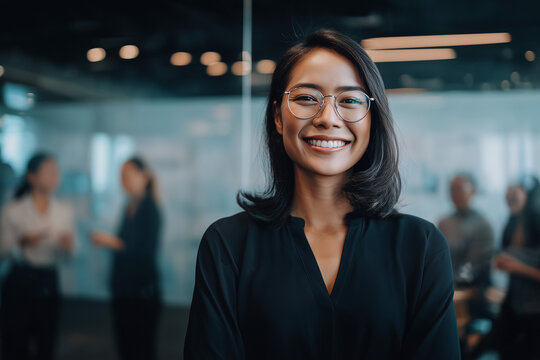 Business woman pragmatic logical steady strategic reserved female CEO entrepreneur manager in modern office meeting workspace teamwork leadership success portrait.