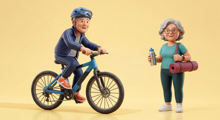 Fototapeta premium Heartwarming 3D illustration of an active elderly couple embracing a healthy lifestyle. A senior man rides a bicycle while a smiling woman holds a yoga mat and water bottle, representing fitness, well
