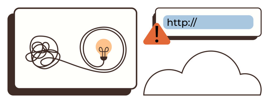 Technology innovation, problem-solving, cloud computing, internet issues, digital solutions, and creativity. Light bulb with tangled wire, warning triangle and cloud symbol. Problem-solving