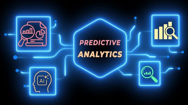 Predictive analytics concept on the black background. Data analysis, machine learning, artificial intelligence (AI) and statistical model.  Motion graphics of predictions future outcomes idea.
