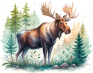 Obraz premium Hand-Painted Moose Watercolor, Woodland Animal Clipart, Isolated Vector Illustration