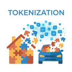 Naklejka premium Tokenization concept illustrating the transformation of physical assets like homes and cars into digital tokens on a blockchain network for seamless transactions and asset management