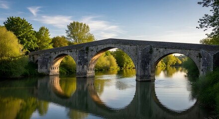 Fototapeta premium A serene stone bridge spans a calm river surrounded by lush greenery under a blue sky