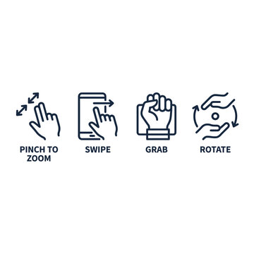 Modern set of line icons illustrating essential hand gestures for intuitive touchscreen interaction and user interface design on digital devices