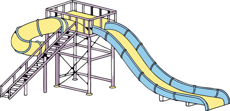 A complex water slide structure is centered in the image, set against a transparent background. The slide features a vibrant color scheme of alternating bands of blue and yellow along its tubes. The d