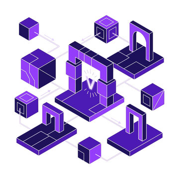 Abstract isometric representation of interconnected data blocks and technological infrastructure, symbolizing digital networks and information flow