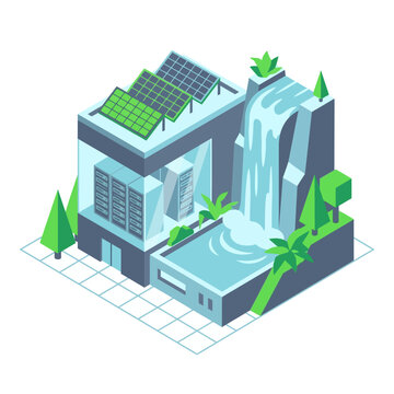 Future-forward green data center design featuring rooftop solar panels and a cascading waterfall, blending sustainable technology with natural elements
