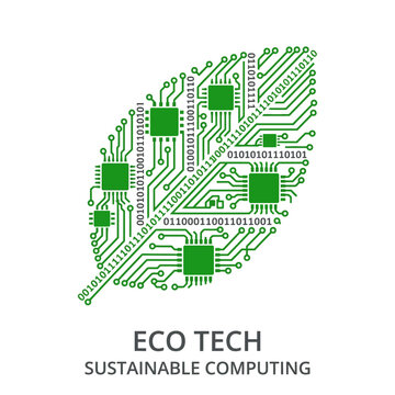 Geometric circuit blocks forming a vibrant green leaf, symbolizing sustainable technology, eco-friendly computing, and digital environmental solutions