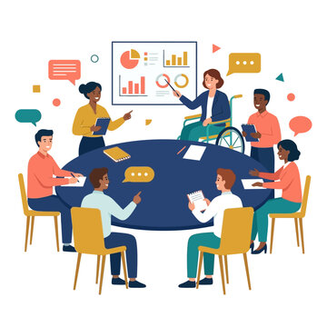 Diverse business professionals collaborating in a productive team meeting, analyzing data and discussing strategies for growth and innovation