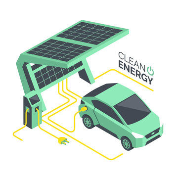 Isometric illustration of an electric car charging at a solar-powered station, showcasing sustainable transportation and clean energy technology for an eco-friendly future