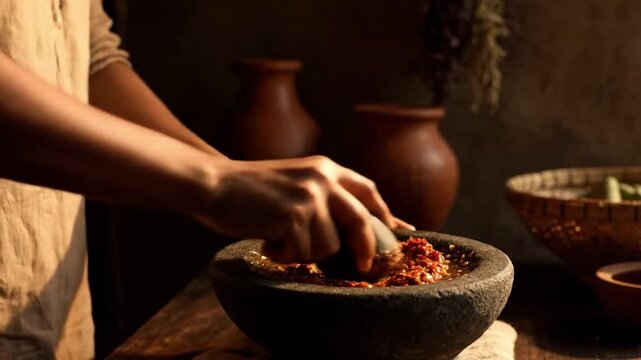 Person Preparing Spice Mix in Mortar.