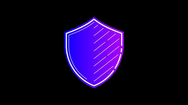 Modern seamless looping animation of a pulsing shield with blue to purple gradient colors; security and protection symbol on a transparent alpha channel background in 4k horizontal format