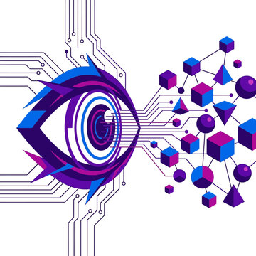 Futuristic digital eye with abstract geometric shapes, representing artificial intelligence and big data analysis, innovative technology concept