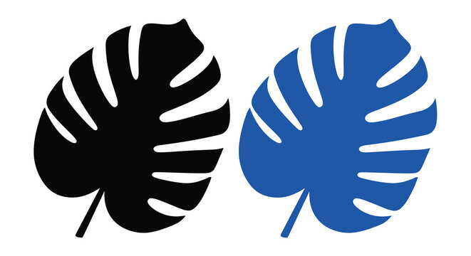 Two monstera leaves one black and one blue graphic illustration silhouette