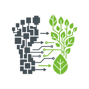 Visualizing the fusion of digital wireframe technology and organic plant life, illustrating sustainable innovation and green tech integration for a better future
