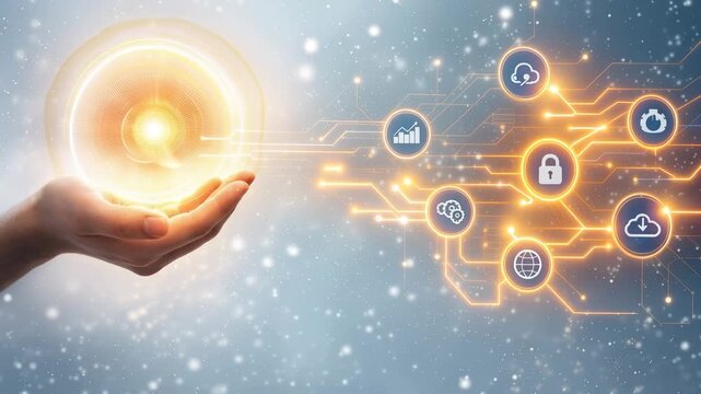 Hand holding glowing digital sphere with connected technology icons representing data, cloud, security, and network 4k video