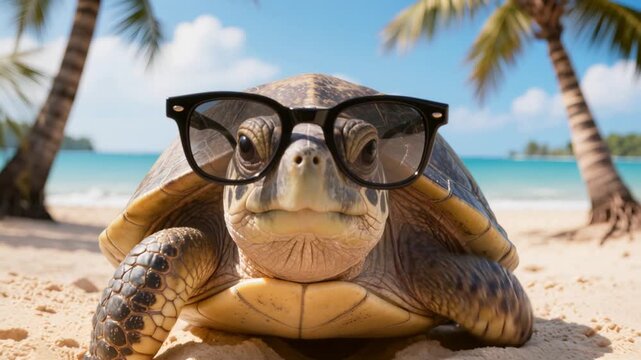 A funny turtle in sunglasses walks along a tropical beach, in a vacation and summer style.
