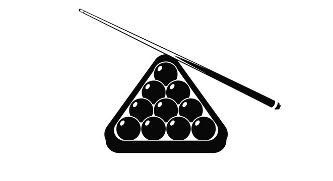 Rack of billiard balls with cue stick a striking silhouette
