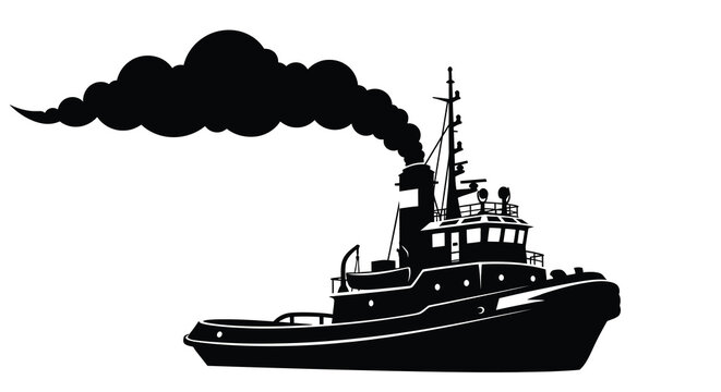 A striking black silhouette of a vintage tugboat at sea