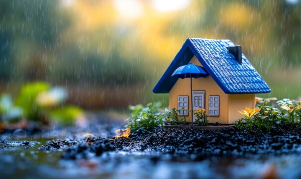 house sheltered under a blue umbrella in the rain, symbolizing insurance and protection, set against a blurred outdoor background, Generative AI