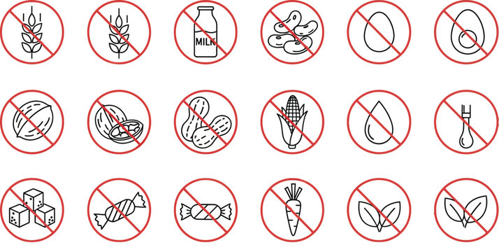 Set of black and white vector icons indicating dietary restrictions and exclusions
