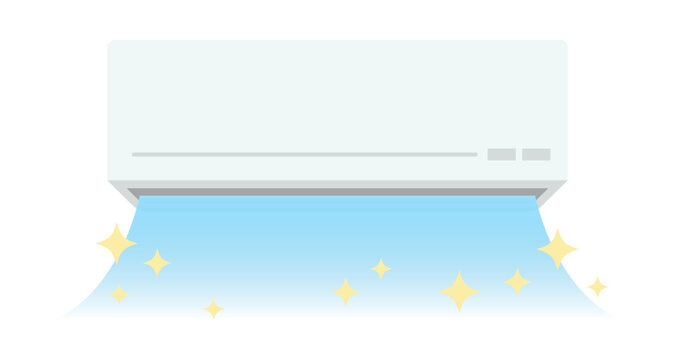 キラキラ付きの壁掛けエアコン冷房イラスト クリーニング後の清潔な空調状態を表すベクター素材