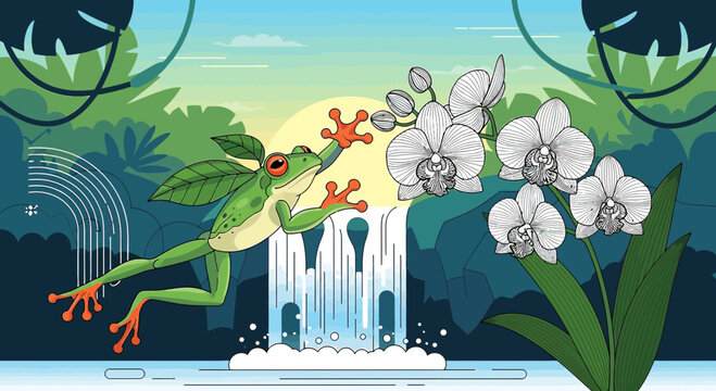 Green Tree Frog Leaping Towards Orchids in Lush Jungle Waterfall Scene