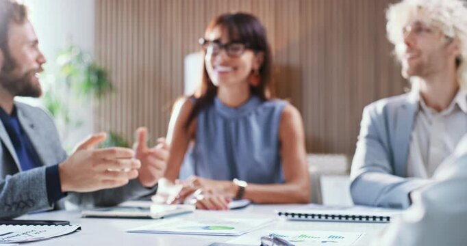 Meeting, office and business people with handshake for deal, trading partnership and stock acquisition. Flare, smile and portfolio manager shaking hands for investment agreement, teamwork and success