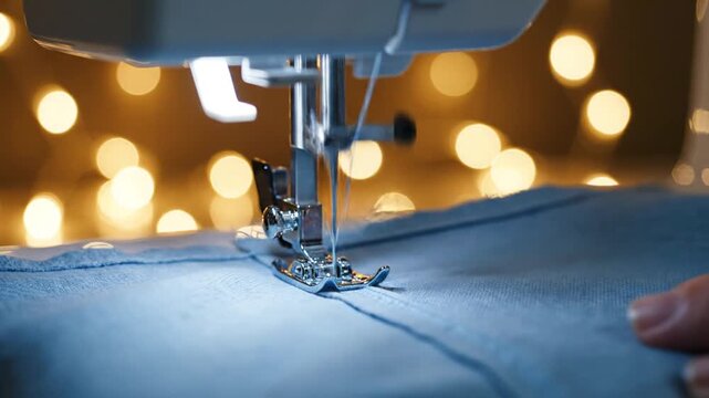 Sewing machine stitching blue fabric with warm bokeh lights background