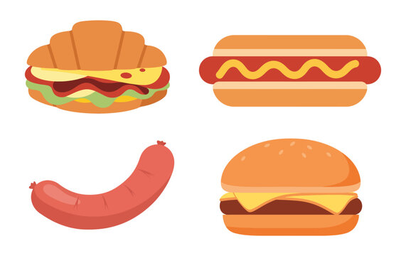 Four Fast Food Items Hamburger Hotdog Sausage Illustration.
