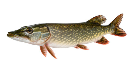 Fototapeta premium Detailed side view of a large green and gold speckled pike fish displaying sharp teeth and fins, isolated on transparent background for marine biology