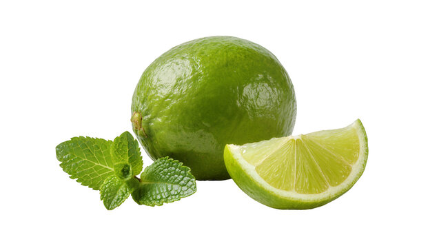 Vibrant green key lime partially sliced revealing juicy pulp accompanied by fresh mint leaves, isolated on transparent background for beverage designs