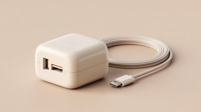 Minimal charger block with cable on soft beige background representing modern technology and power use