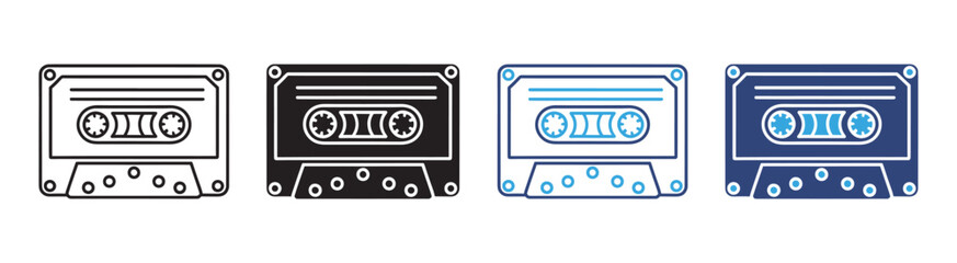 Fototapeta premium Old cassette icon set vintage audio tape symbols in outline and solid style vector illustration collection