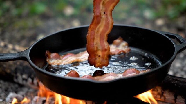 Strips of cured meat sizzling in hot oil within a cast iron skillet over an open campfire in an outdoor setting
