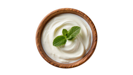 Creamy smooth yogurt in a rustic wooden bowl garnished with a fresh green mint leaf, isolated on transparent background for healthy food concepts © Nuria