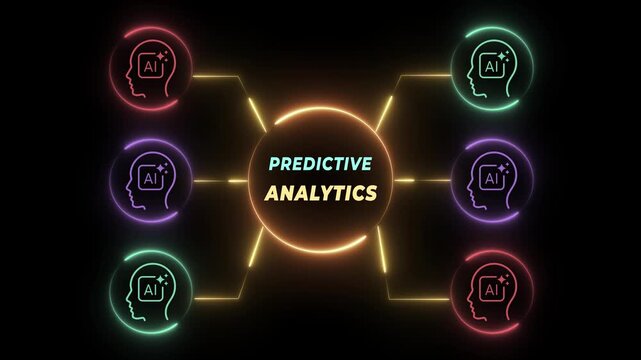 Predictive analytics concept on the black background. Data analysis, machine learning, artificial intelligence (AI) and statistical model.  Motion graphics of predictions future outcomes idea.