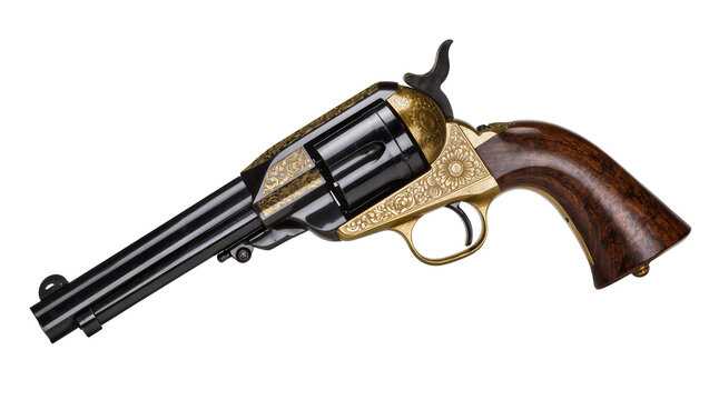 Ornate antique single-action revolver with polished steel barrel intricately engraved golden frame and rich walnut grip, isolated on transparent background for western themes