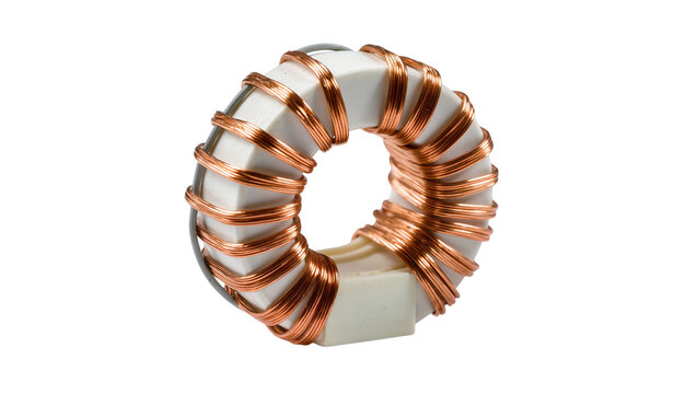 Copper wound toroidal inductor with ceramic core, meticulously detailed and isolated on transparent background for electronics diagrams and technical designs