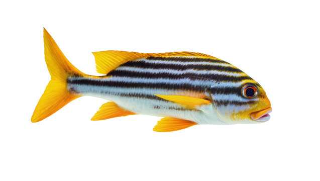 Striking yellowtail snapper fish with distinctive black stripes vibrant fins and a small mouth, isolated on transparent background for marine biology studies