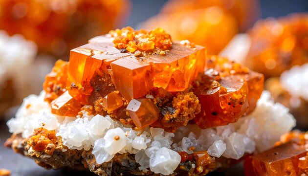 Close-up photo of a group of vibrant, orange crystal formations, resting on a bed of white, smaller mineral structures