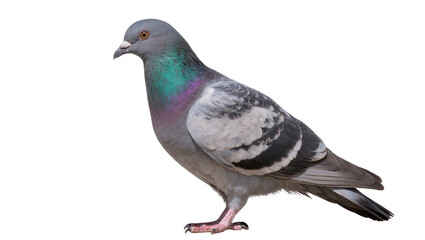 Fototapeta premium Detailed gray pigeon with iridescent green and purple neck feathers perched and facing forward, isolated on transparent background for animal graphics
