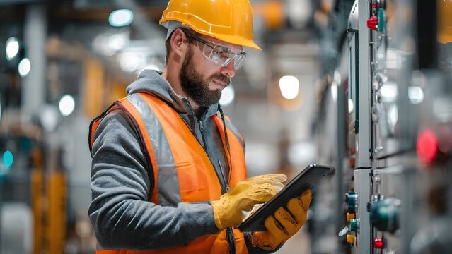 industrial worker with yellow helmet protective gear operating control panel in factory