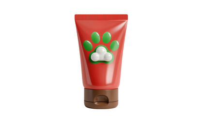 Obraz premium Bright red plastic tube with paw print design featuring green pads and a fluffy cloud, isolated on transparent background for pet care branding