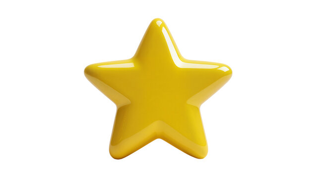 Bright yellow glossy plastic star shape smooth surface reflecting light, isolated on transparent background for design elements and awards