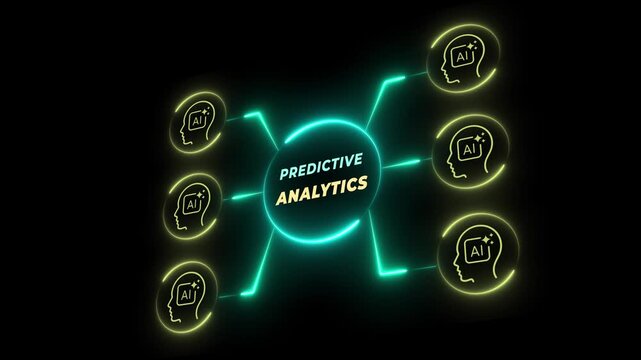Predictive analytics concept on the black background. Data analysis, machine learning, artificial intelligence (AI) and statistical model.  Motion graphics of predictions future outcomes idea.